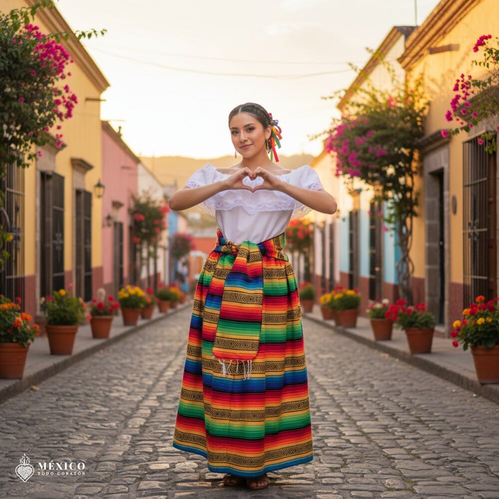 Traditional Mexican Floral Cambaya Dress Set – Handmade Three-Pieces S to XL